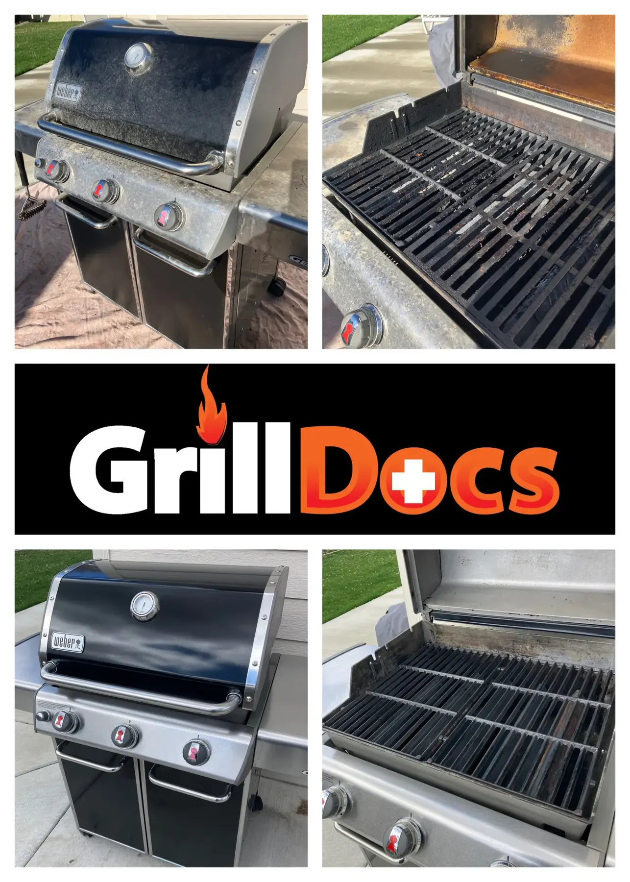 A Grill Docs before-and-after collage with the Grill Docs logo in the middle. Top: a gas grill before cleaning, with a dull lid and greasy grates. Bottom: after, with a bright lid and clean grates.
