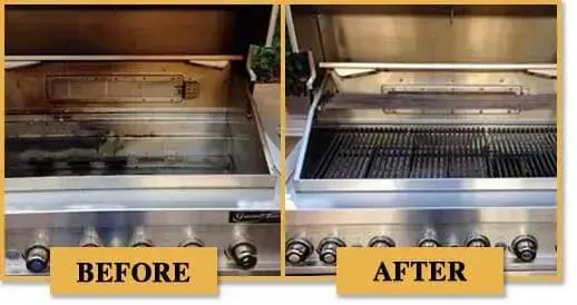 A built-in grill labelled Before and After: a greasy, stained interior, then a clean interior with bright grates.