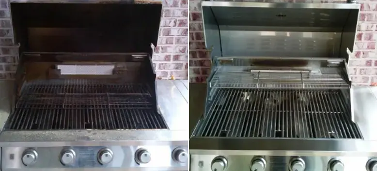 A built-in grill before and after cleaning. Before, on the left: a dark, stained hood and grates. After, on the right: a bright stainless hood and grates.