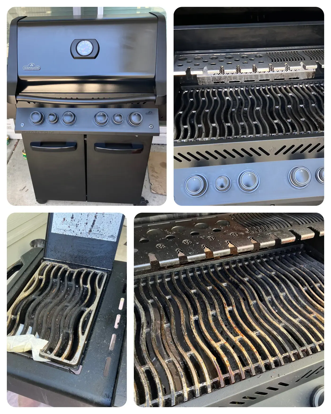 Four photos from Grill Docs work on a black gas grill: the closed grill, its control panel and grates, a side burner grate, and wavy cooking grates with grease and rust.