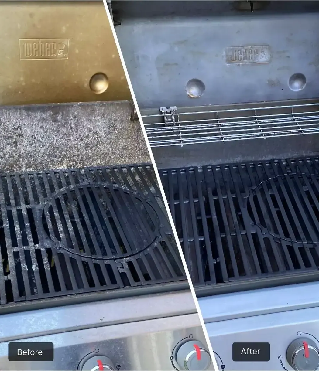 The inside of a gas grill split diagonally. Left, labelled Before: grease-crusted grates and a stained back panel. Right, labelled After: clean grates, back panel and warming rack.