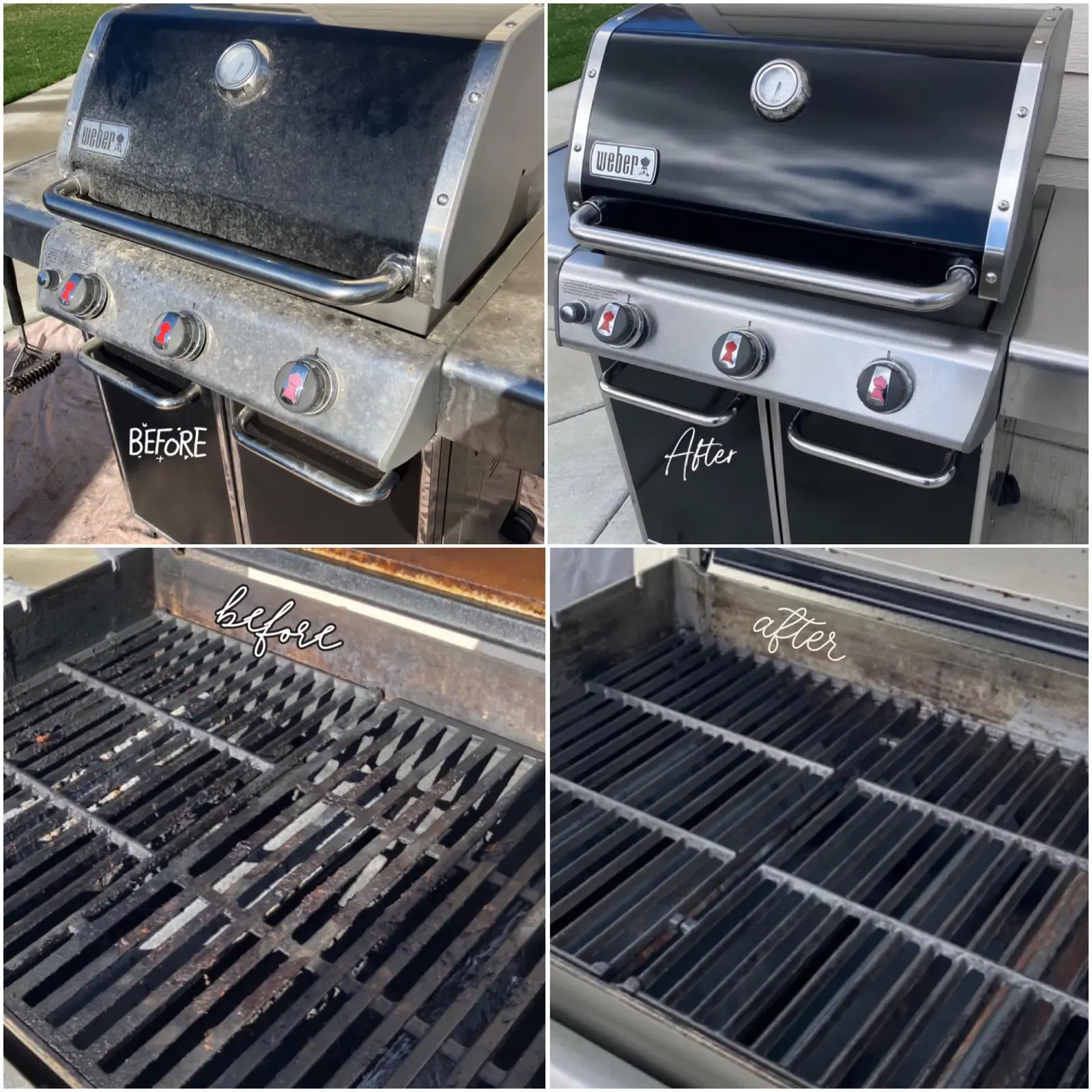 Four photos of one freestanding gas grill. Top row: the lid and control panel before, dull and spotted, then after, glossy and clean. Bottom row: the cooking grates before, crusted with grease, then after, cleaned.