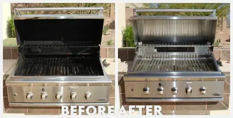 A stainless grill labelled Before and After: a dark hood interior, then a polished stainless interior.