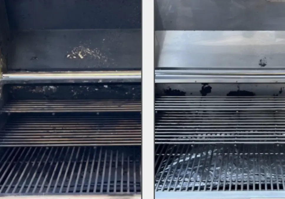 A grill interior before and after cleaning, side by side. Before: dark residue and debris on the grates and back wall. After: bright stainless walls and cleaner grates.